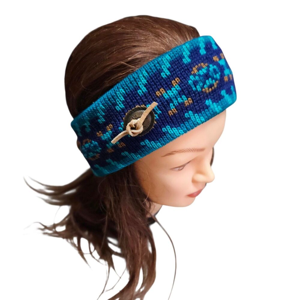 Smiley Wool Knit Headband Winter Ear Cover Blue With Conchos